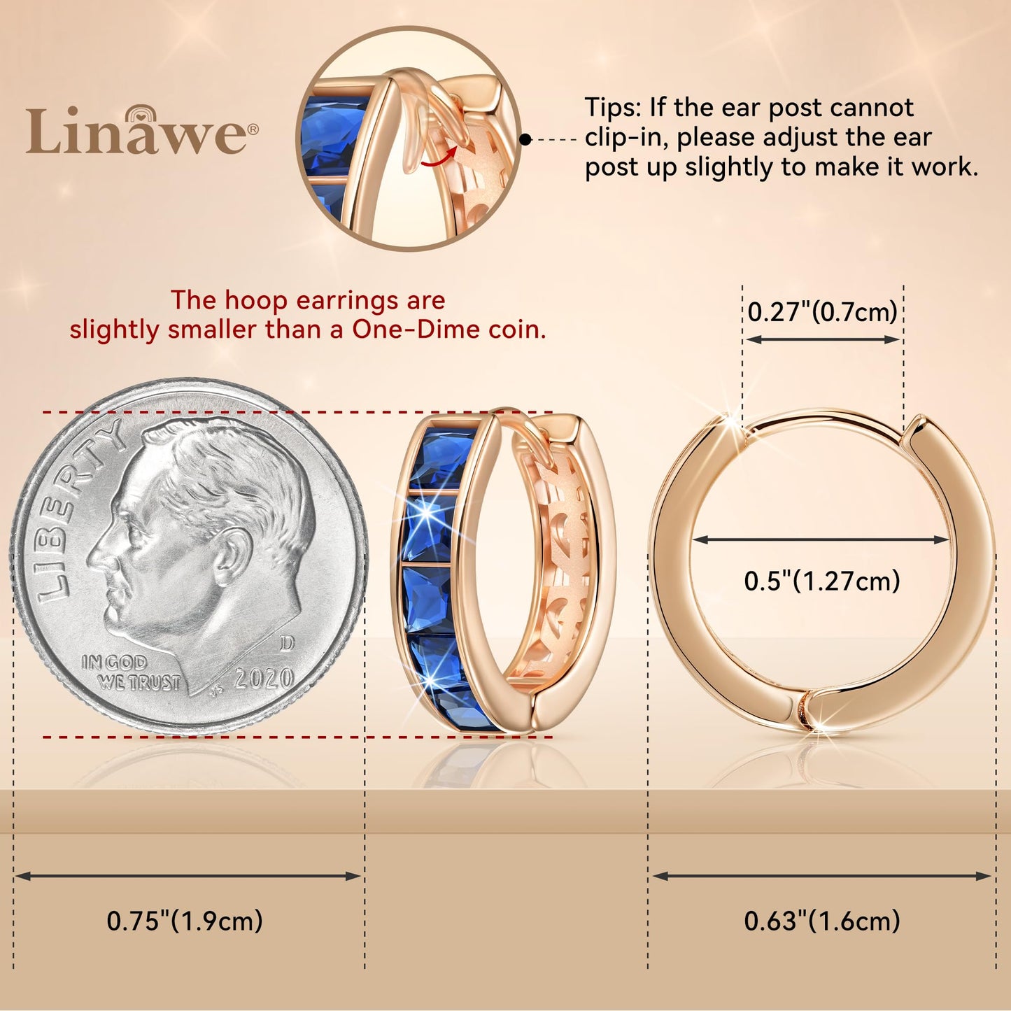 Linawe Small Hoop Earrings for Women Trendy, Blue Cubic Zirconia Huggie Earrings, Sapphire Imitation Diamond Rhinestone Piercing Jewelry Rose Gold Cuff Cartilage Earrings, Mini Chunky Tiny