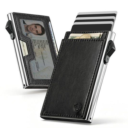Bauhaus Slim Wallet for Men | RFID NFC Blocking Automatic Ejector | Pop-Up Card Holder Premium Leather Front Pocket Minimalist Mens Wallet Holds 7 Cards + ID + Cash | Gift for Men Black and Sliver