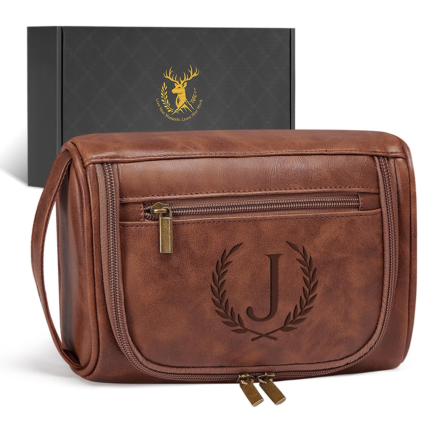 Aganmi Personalized Toiletry Bag Fathers Day Birthday Gifts for Men Dad Husband, Laser-Engraved Initial Waterproof PU Leather Toiletry Organizer Dopp Kit Shaving Bag Travel Essential Reddish Brown J