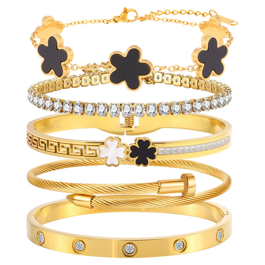Camhanno 18K Gold Plated Bracelet Set for Women, Stainless Steel Bangle Set with Four Leaf Clover, Crystal Rhinestone Lucky Charm Jewelry, 5-Piece (Black Clover Bracelet Collection)