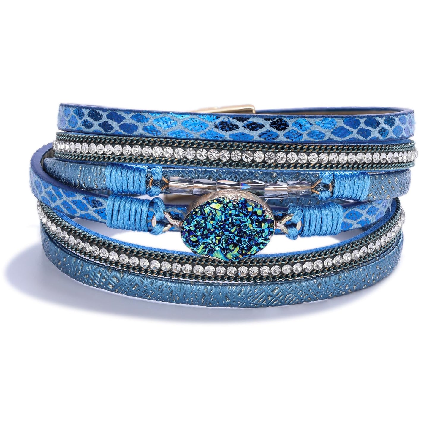 FANCY SHINY Boho Leather Wrap Bracelet Stackable Chunky Crystal Cuff Bracelets with Magnetic Clasp Cowboy Cowgirl Western Summer Beach Outfits Jewelry Gifts for Women (14.7", Royal Blue)