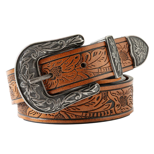 Jastore Kids Western Belt Boys Cowboy Leather Belt with Vintage Buckle & Floral Curved for Jeans Dresses (A-Brown, For Waist Size 17''-21'')