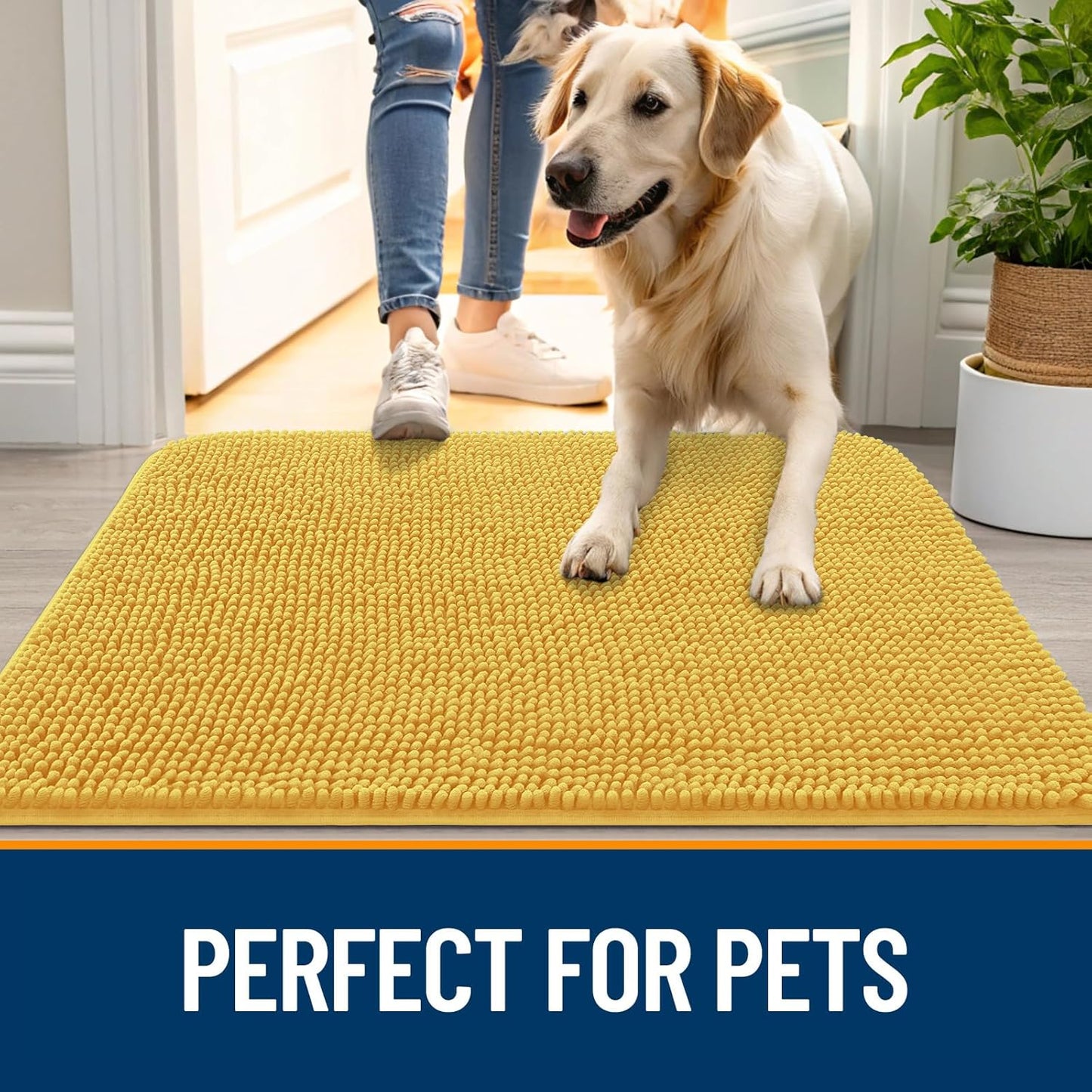 OLANLY Dog Door Mat - Absorbent Non-Slip Chenille Mat for Muddy Paws | 30x17 Inches, Quick Dry, Yellow
