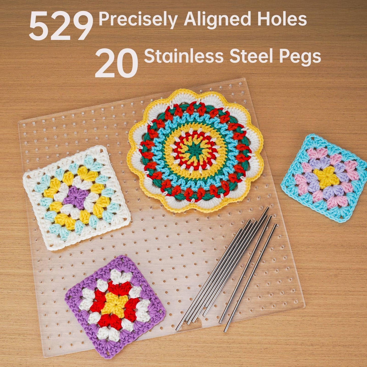 NiHome Clear Acrylic Crochet Blocking Board Kit for Crochet, Weaving, Craft Projects, 11"x11" with 529 Precisely Spaced Holes and 20 Stainless Steel Pins, Suitable for Beginners and Craft Enthusiasts
