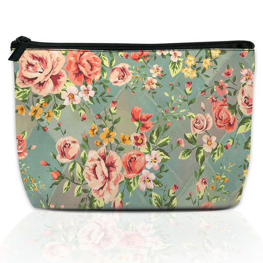 DEMACYA Makeup Bag Vintage Floral Cosmetic Bag for Women, Travel Small Bag for Purse, Pouch for Toiletries Water Resistant Gift 9.5×5.9 Inch
