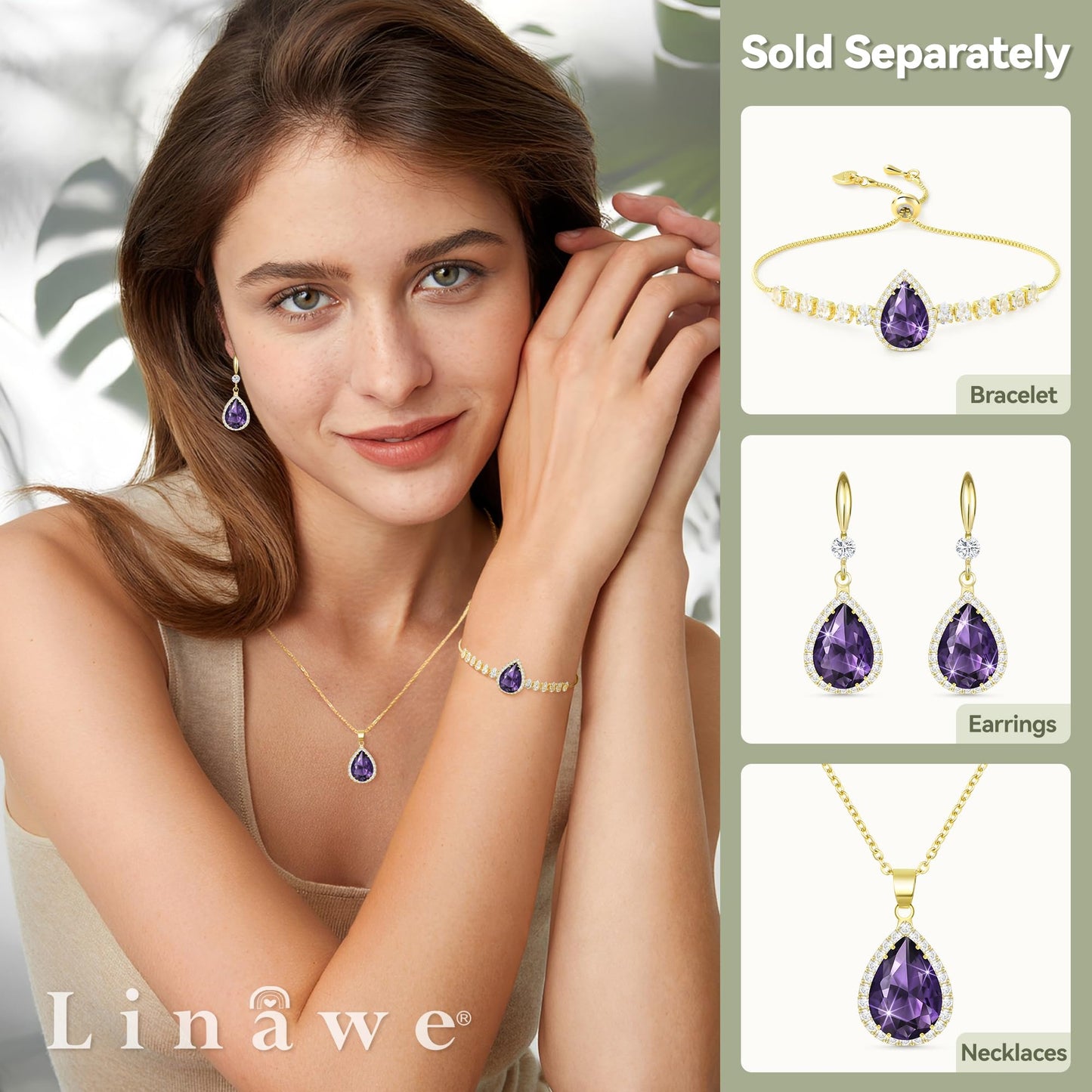 Linawe Purple Dangle Earrings for Women Trendy, 14K Gold Imitation Diamond Drop Chandelier Earrings, Amethyst Rhinestone Crystal Teardrop Dangly Earrings, Wedding Earrings Set