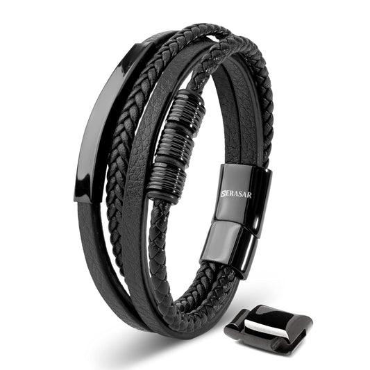 SERASAR Pulsera de Cuero Negro para Hombre, 17cm, Caja Regalo, Real, Piel Vaca, Ajustable, Cierre Magnético, Cuerda Envoltura, Masculino, Pulseras, Banda, Joyas, Imán