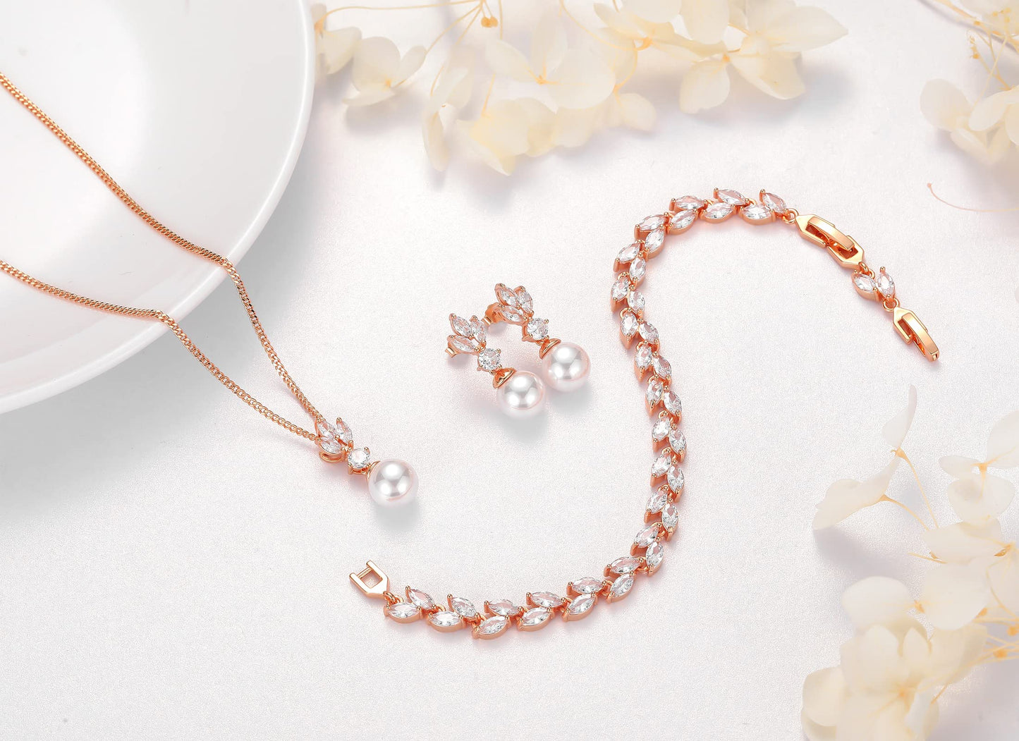 IDASANY Wedding Jewelry for Bride Bridesmaid, Pearl Dangle Earrings and Pendant Necklace Set Bridal Jewelry for Promise Wedding Party, 1 Set, Rose Gold