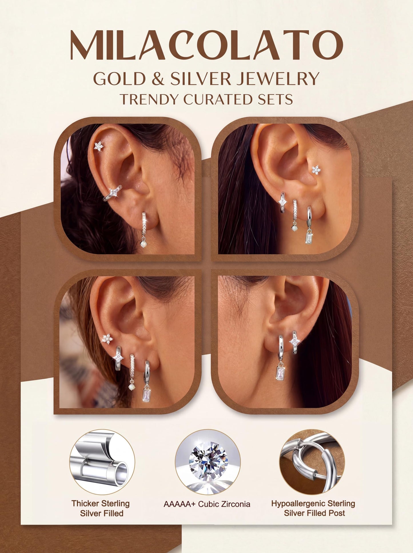 MILACOLATO 4 Pairs Silver Earrings for Women, Hypoallergenic Sterling Silver Filled Small Stud Hoop Earrings Set for Multiple Piercing, Dainty Lightweight Cartilage Huggie Earrings Stacks Trendy Jewelry Gifts, D