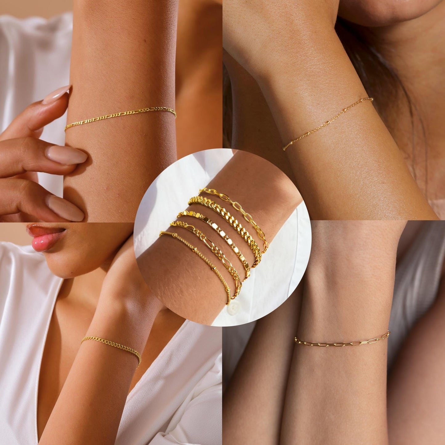 Gokeey Gold Bracelets for Women Trendy 14K Gold Plated Jewelry Sets Stack Dainty Stackable Paperclip Cuban Figaro Chain Bracelets Pack Layered Link Chain Bracelet for Women Cute 5pcs Adjustable