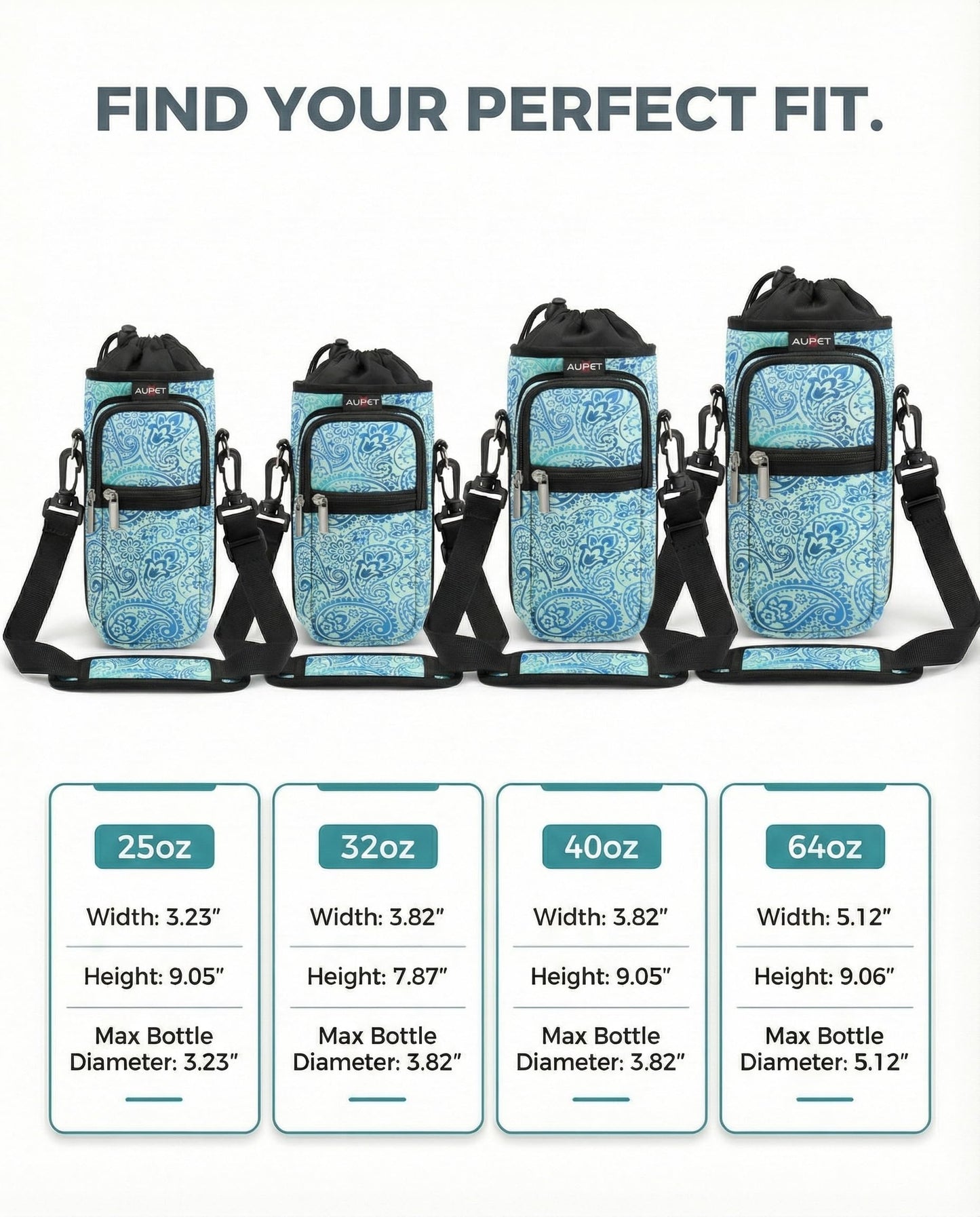 AUPET Water Bottle Sling Bag Sleeve Holder Carrier 25/32/40/64 oz,Insulated Crossbody Water Bottle Case Cover with Strap and Pockets for Men/Women Walking Hiking Camping (25oz, blue feather)