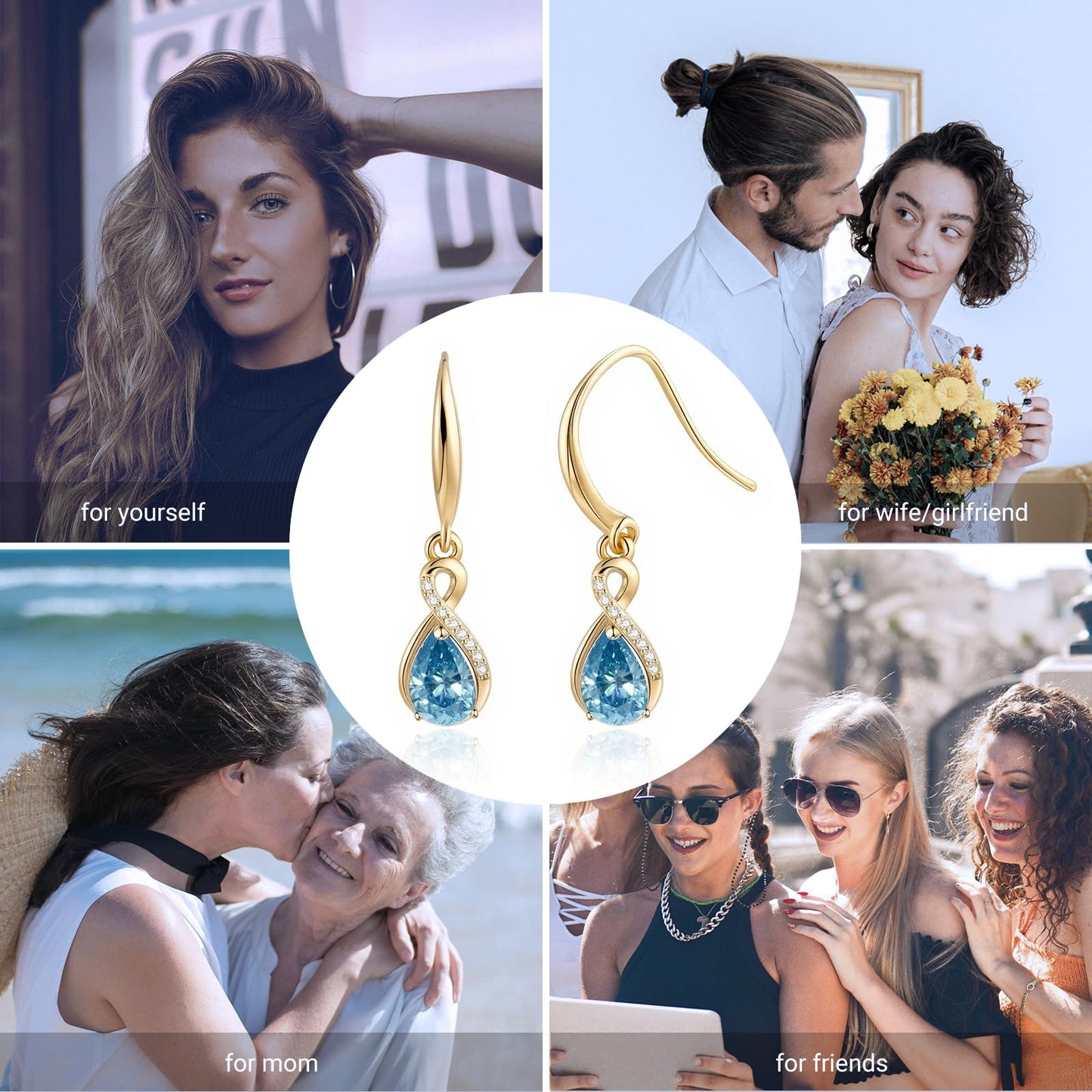 Infinity Birthstone Earrings 18K Gold Plated 925 Sterling Silver Teardrop Infinity Drop Dangle Earrings Aquamarine Jewelry Birthday Gifts for Women Her Mother Wife