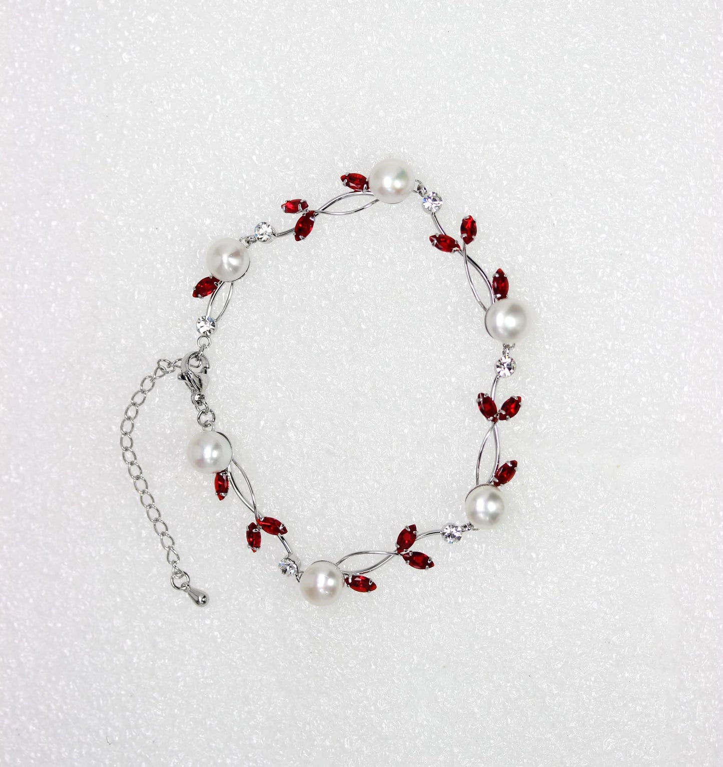 Faship Red CZ Crystal Genuine Freshwater Pearls Floral Bracelet 7.5" - 9.5" - Red/Matching Bracelet