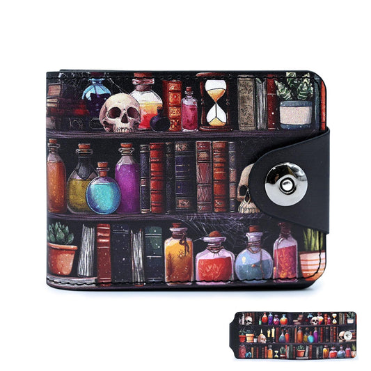 Tezmd Bookshelves Skull Small Wallet Leather Slim Bifold Credit Wallets RFID Blocking Card Holder Zipper Coin Pocket Cash Purse with ID Window