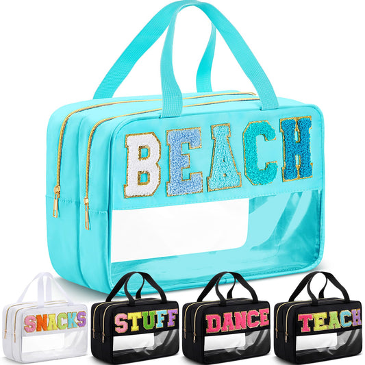 Pinkunn Large Clear Chenille Letter Bag Double Layer Makeup Patches Cosmetic Bag Zipper Pouch for Travel Waterproof Nylon Toiletry Makeup Supplies for Women Girls(Teal,Beach)