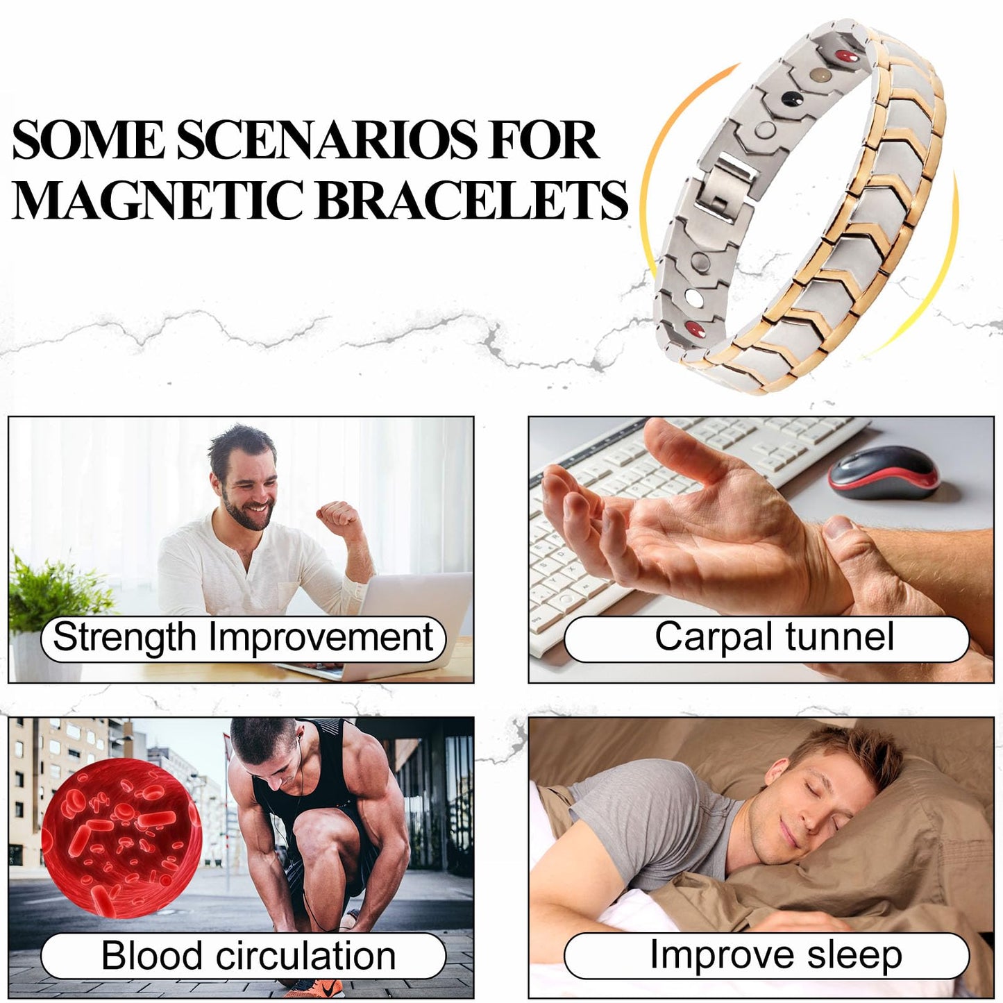 KYOSI Mens Magnetic Bracelet Stainless Steel Link Magnet Jewelry Bracelet Accessories for Men Christmas Gift 8.66 inches (Silver&Gold)