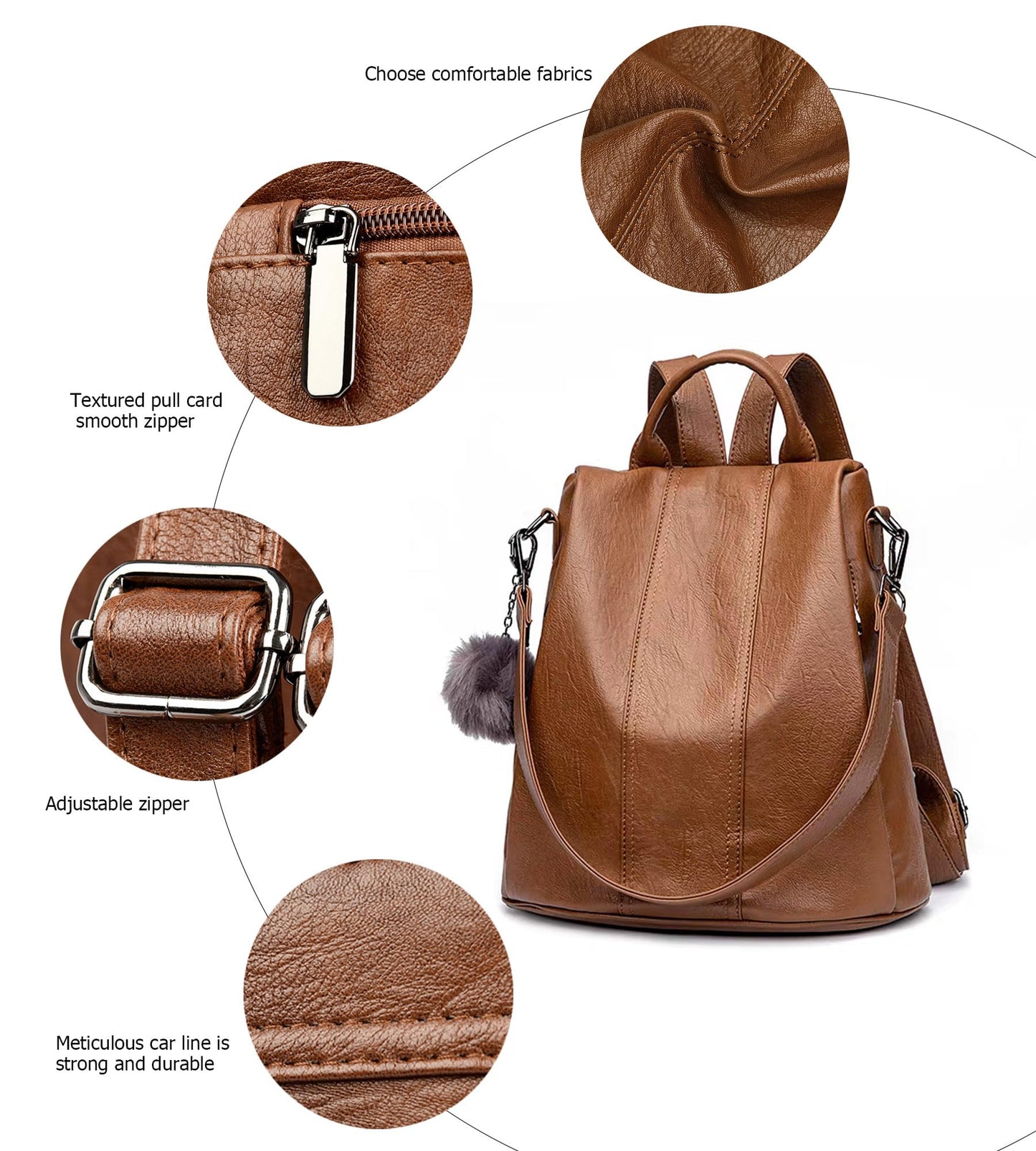 myfriday Vintage Faux Leather Backpack for Women, Soft Rucksack Backpack with Anti-Theft Pocket Convertible Shoulder Handbag (Brown)