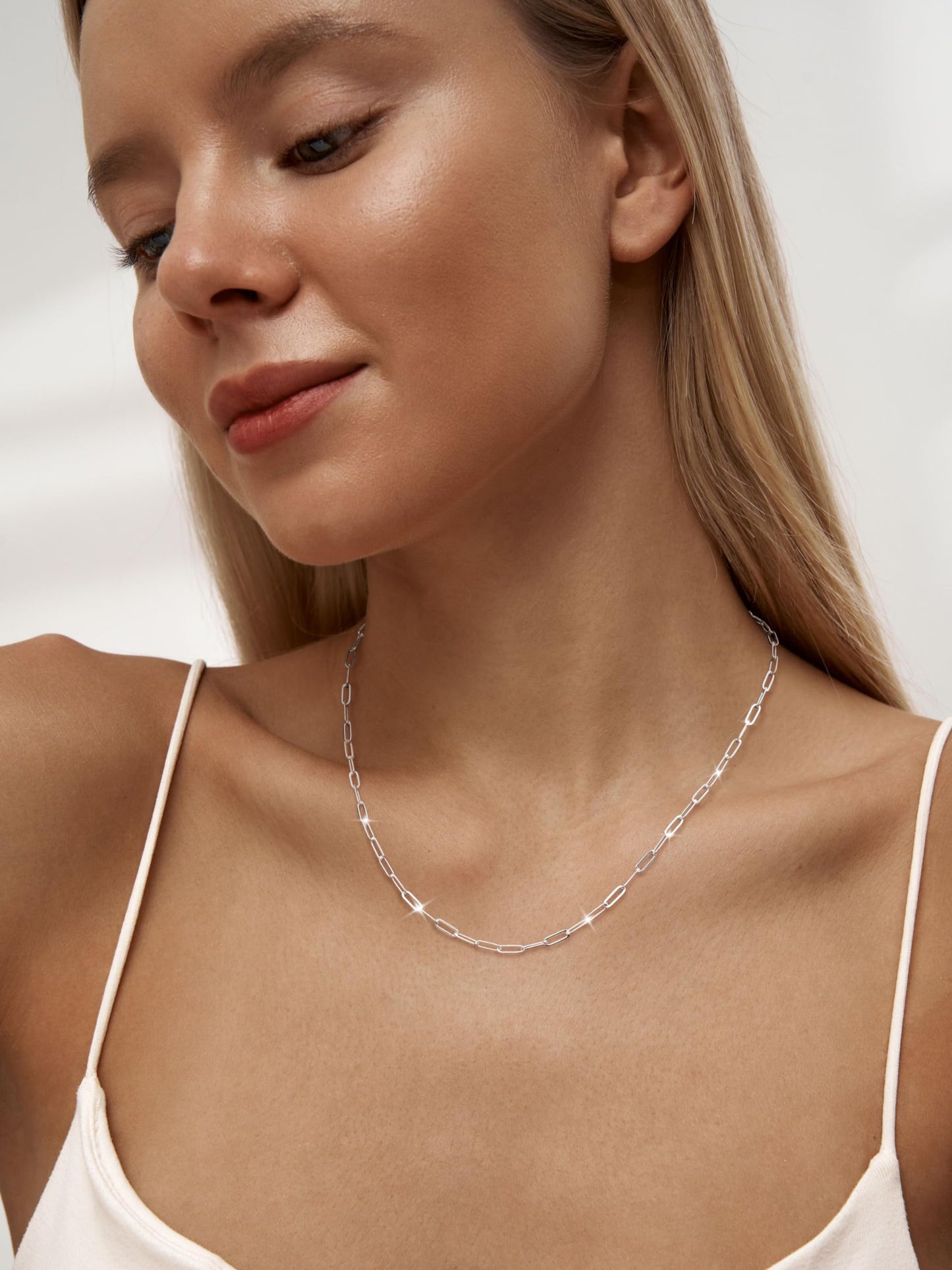 MBW Silver Simple Paperclip Chain Necklace, Dainty Sterling Silver Choker Necklace for Women Trendy 18in Waterproof Minimalist Thin Link Necklace Jewelry Gifts