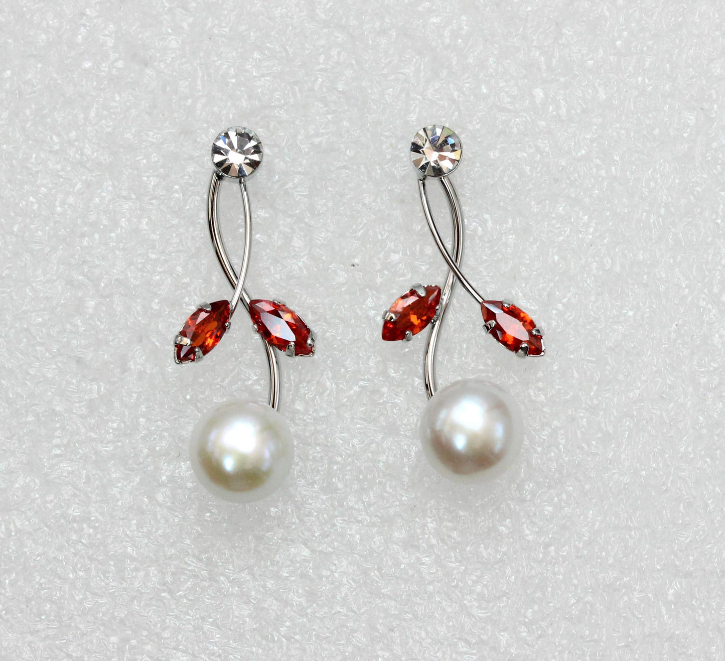 Faship Red CZ Crystal Genuine Freshwater Pearls Floral Necklace Earrings Set - Red
