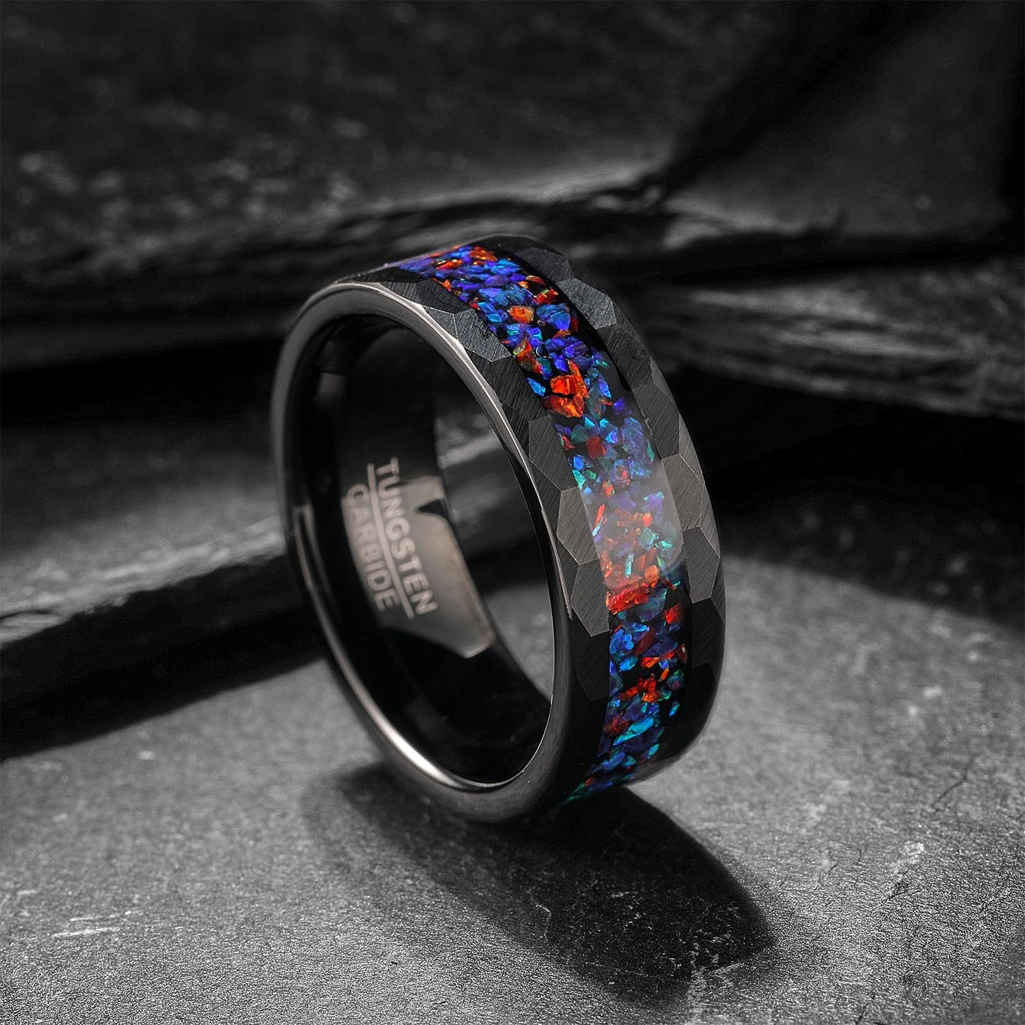 NUNCAD Men's Tungsten Ring Galaxy Inlay Black Hammered Finish Ideal for Engagement Promise Wedding Band 8mm Sizes 9