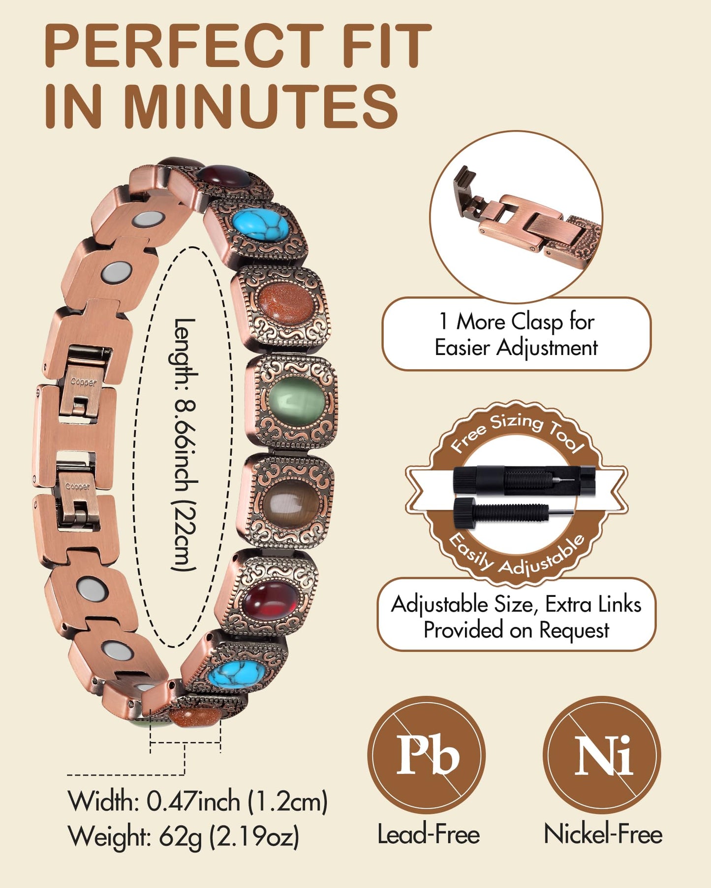 Feraco Pure Copper Bracelets for Women, Ultra Strength Magnetic Copper Bracelet with 3800 Gauss Magnets, Natural Turquoise & Stones, Adjustable, Jewelry Gift