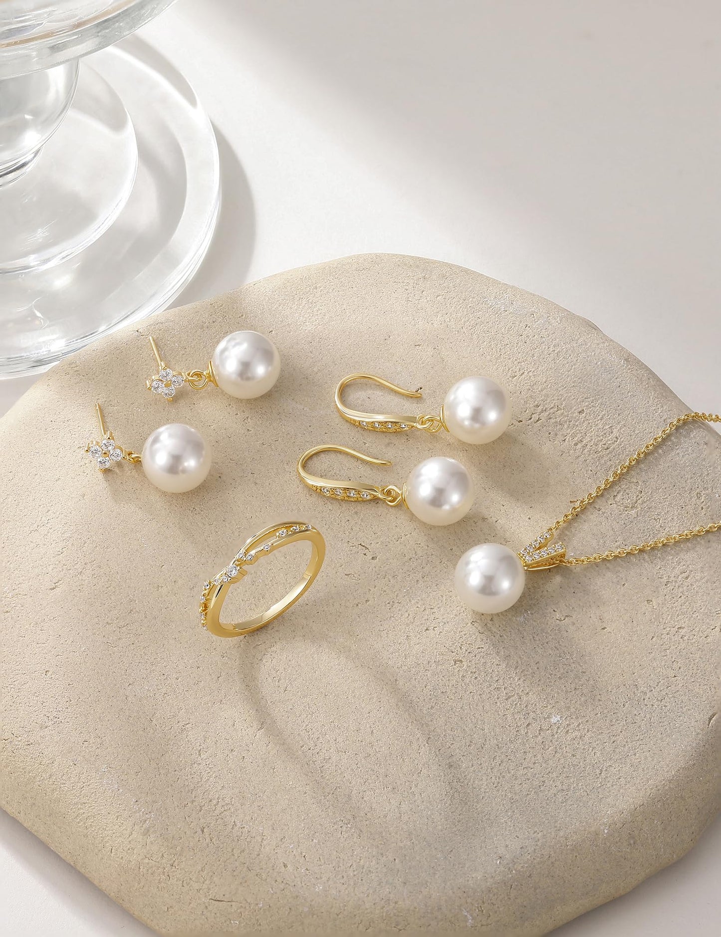 Mamelody Dangle Pearl Earrings for Women 925 Sterling Silver CZ 10MM Simulated White Pearl Stud Drop Earrings 14K Gold Plated Wedding Prom Jewelry Hypoallergenic