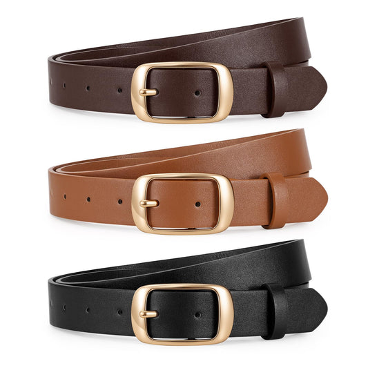 JASGOOD 3 Pack Women Belts for Jeans Pants Fashion Leather Waist Belt for Women with Gold Buckle,Black+Brown+Coffee