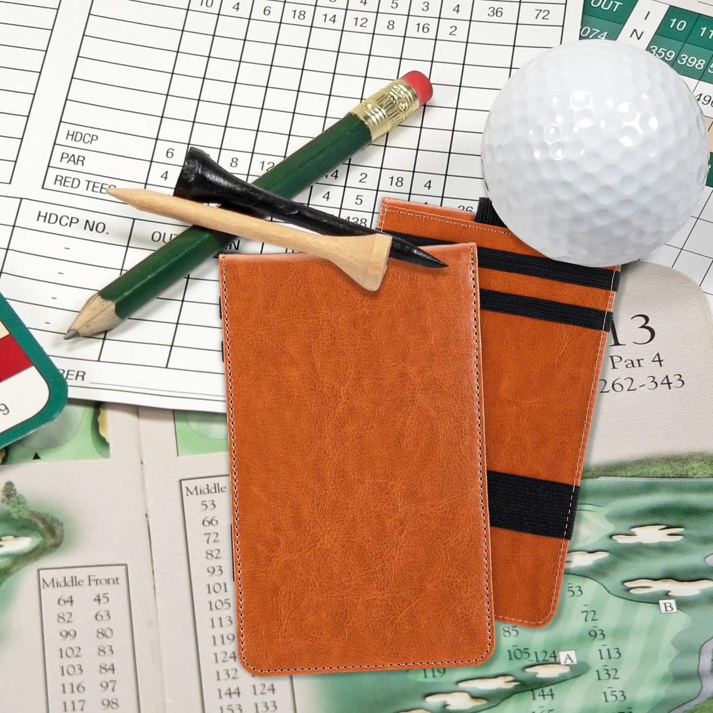 Honoson 4 Pcs Golf Scorecard Holder PU Leather Golf Yardage Book Cover Scorecard Book Score Cards Holder Protector Gift Accessories, 4.3 x 7 Inches(Brown)