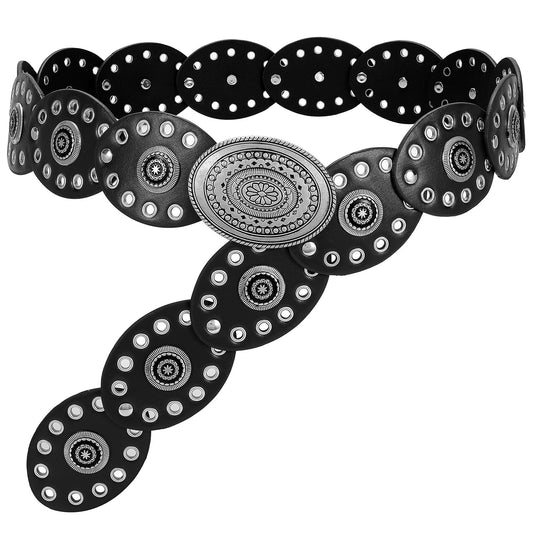 WHIPPY Women Disc Concho Leather Belt Western Cowgirl Wide Belt Vintage Boho Country Oval Waist Belt for Music Festival Dress, Black, Fit Waist Size Up to 33"