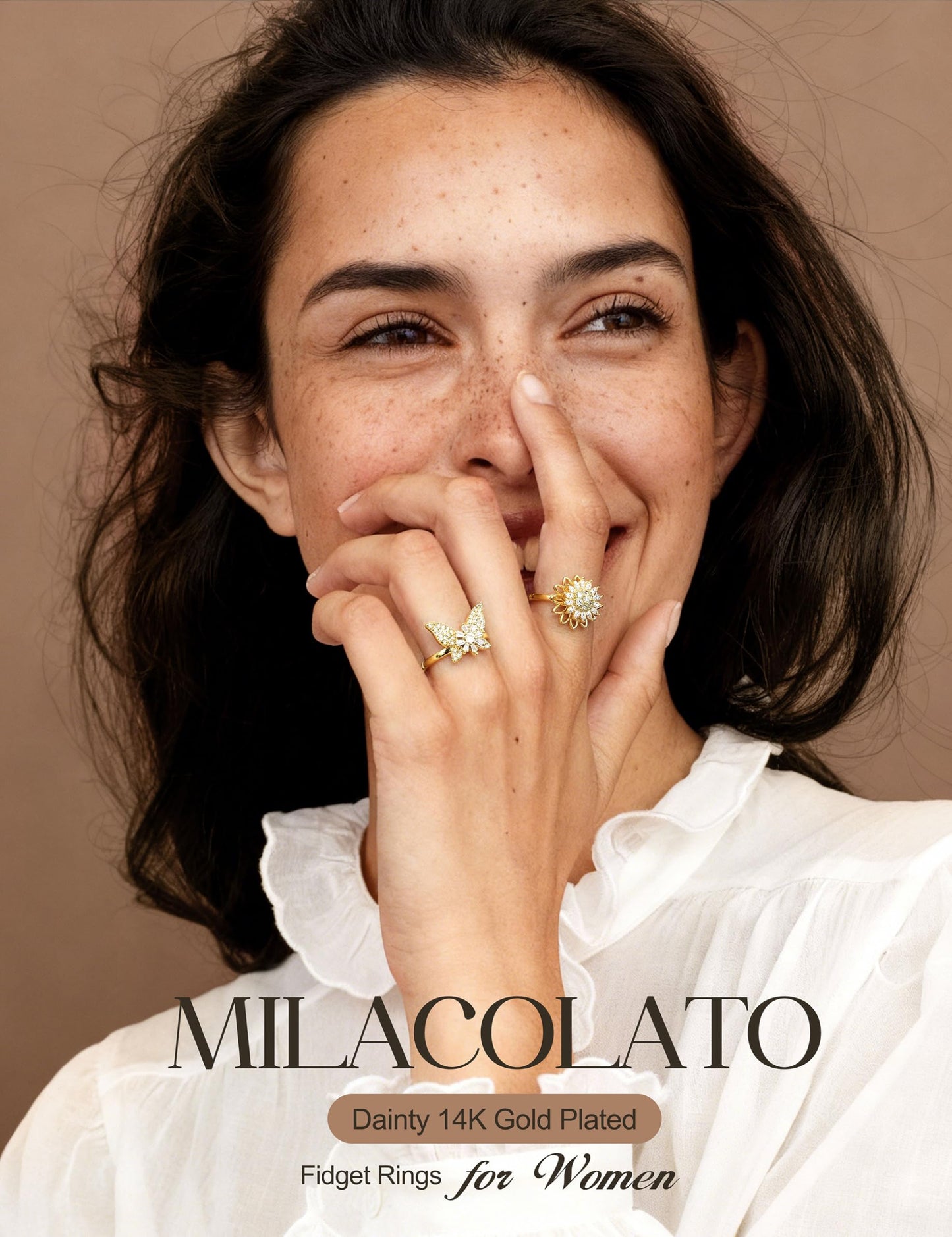 MILACOLATO 14K Gold Plated Fidget Ring for Women Adjustable Anxiety Rings Open CZ Butterfly Sunflower Bead Spinner Rings for Anxiety Stress Relief G