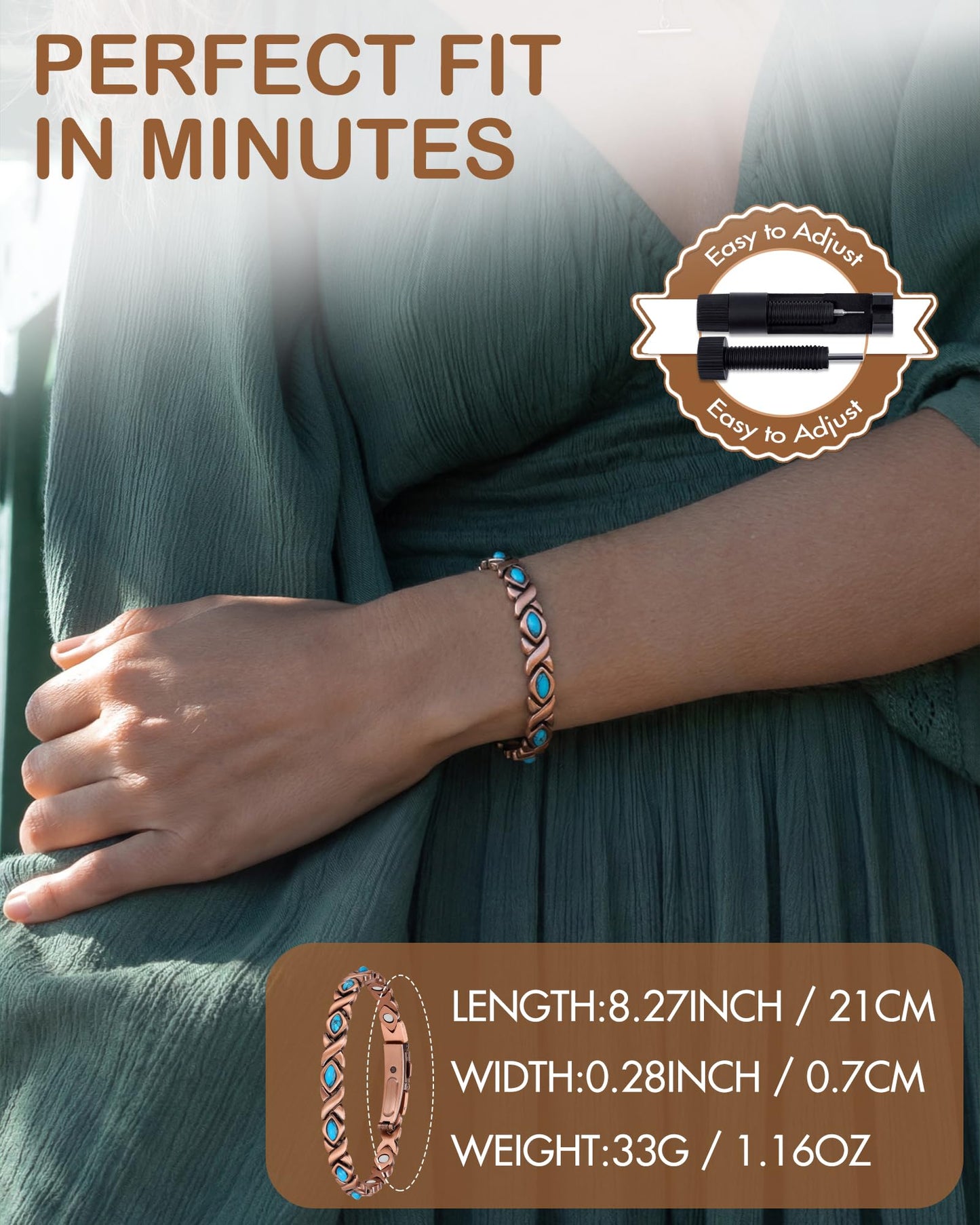 Feraco Pure Copper Bracelets for Women, Ultra Strength Magnetic Bracelet with 3800 Gauss Magnets & Natural Turquois, Adjustable Jewelry, Infinite Symbol