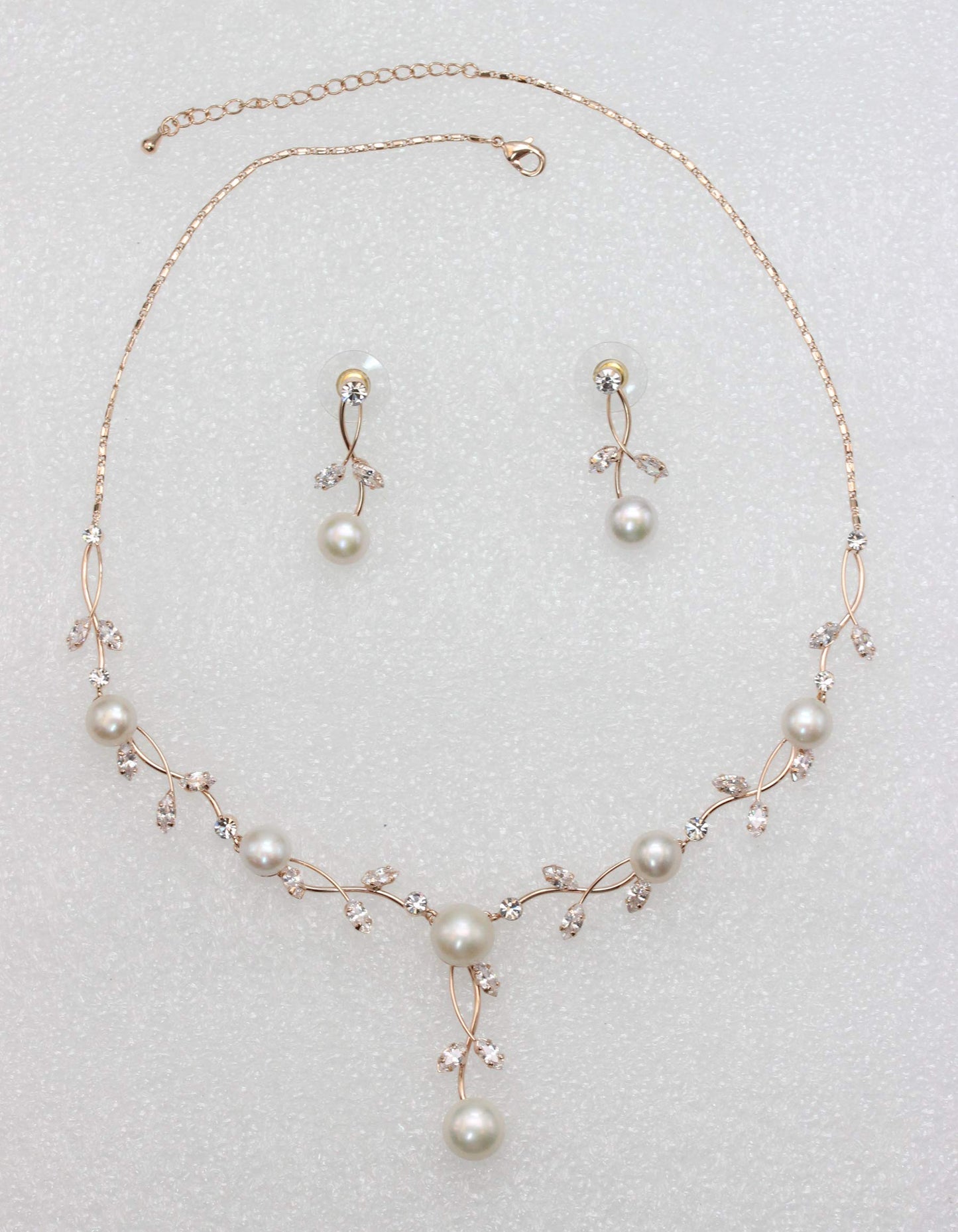Faship Gorgeous CZ Crystal Genuine Freshwater Pearls Floral Necklace Earrings Set - Clear/Rose-Gold