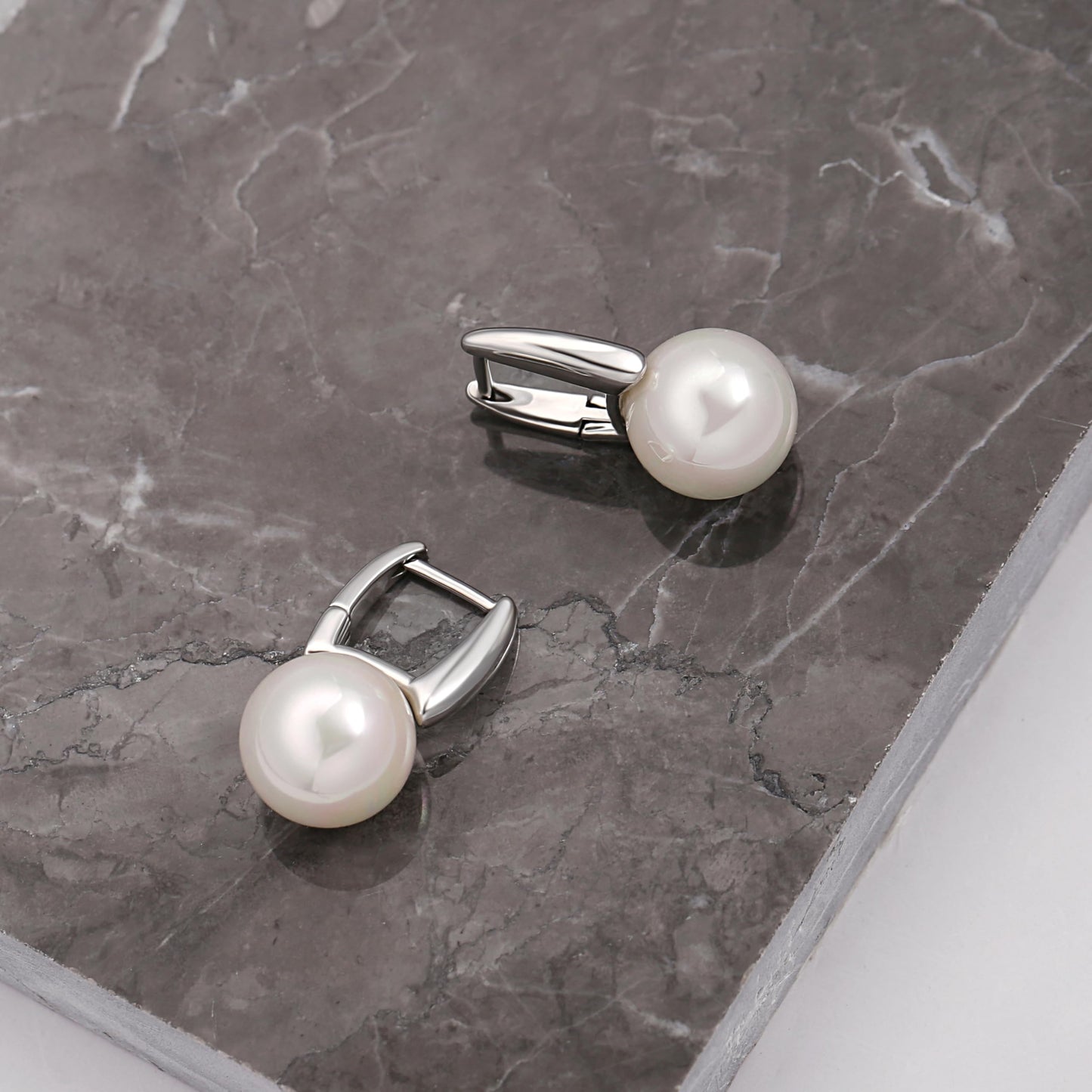 12mm Shell Pearl Drop Earrings, Simple Silver Plated Square Hoop Earrings, Dainty Wedding Jewelry for Bridal