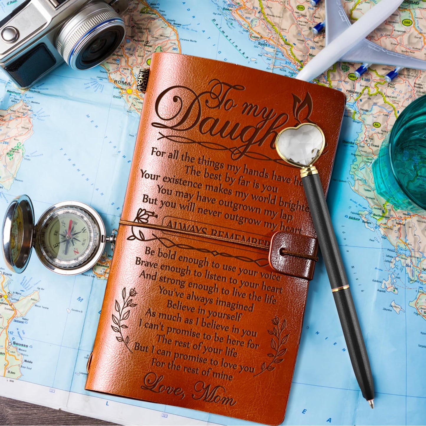 PRSTENLY Daughter Gifts from Mom Leather Journal with Heart Diamond Pen Set, 140 Page Refillable Journal Notebooks Graduation Christmas Birthday Mothers Day Gifts for Daughter from Mom