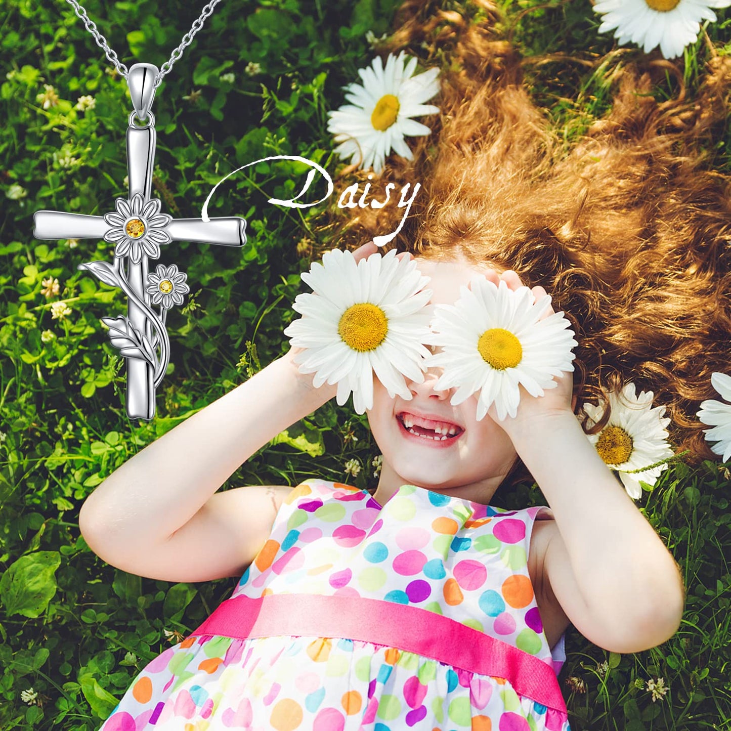 HOOHWE Daisy Cross Necklace, 925 Sterling Silver Cross Necklace Dainty White Daisy Flower Pendant Necklace Birth Month Flower Jewelry Anniversary Birthday Gifts for Women Sister Daughter Mom Wife