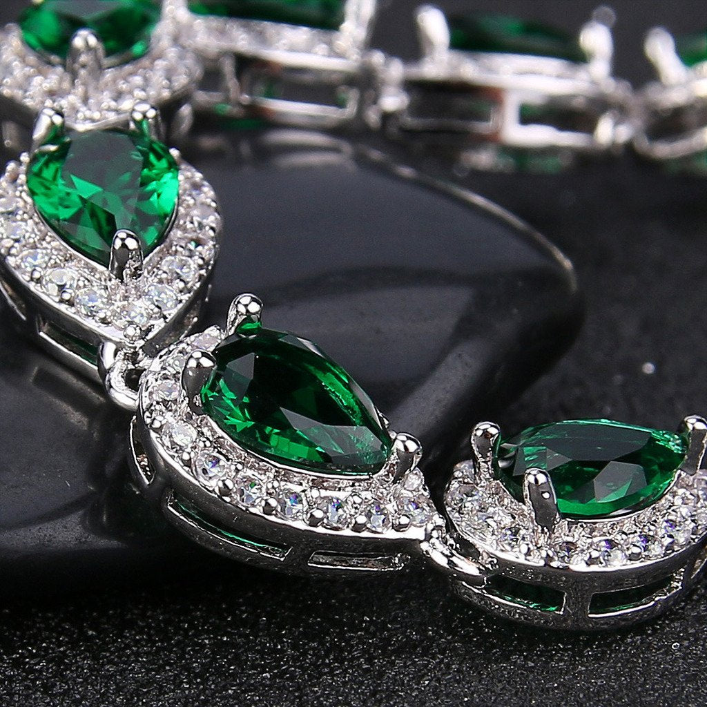 EVER FAITH CZ May Birthstone Elegant Tear Drop Necklace Earrings Bracelet Set Green Emerald-Color