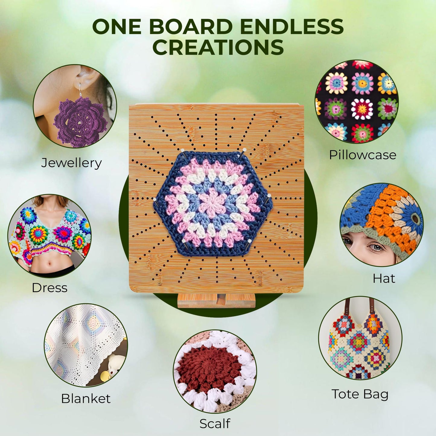 FRAVI Foldable Bamboo Crochet Blocking Board Kit – Dual-Sided Square & Circular Grid 22 × 11 in, 40 Pins + 100 Tools + 5 Yarn Skeins – All-in-One Crochet & Knitting Kit for Beginners & Crafters