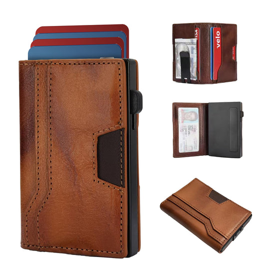 RFID Blocking Wallet for Men, Aluminum Pop Up Credit Card Holder with Money Clip,Holds 10+ Cards Slim Leather Minimalist Front Pocket Wallet, Gifts for Men