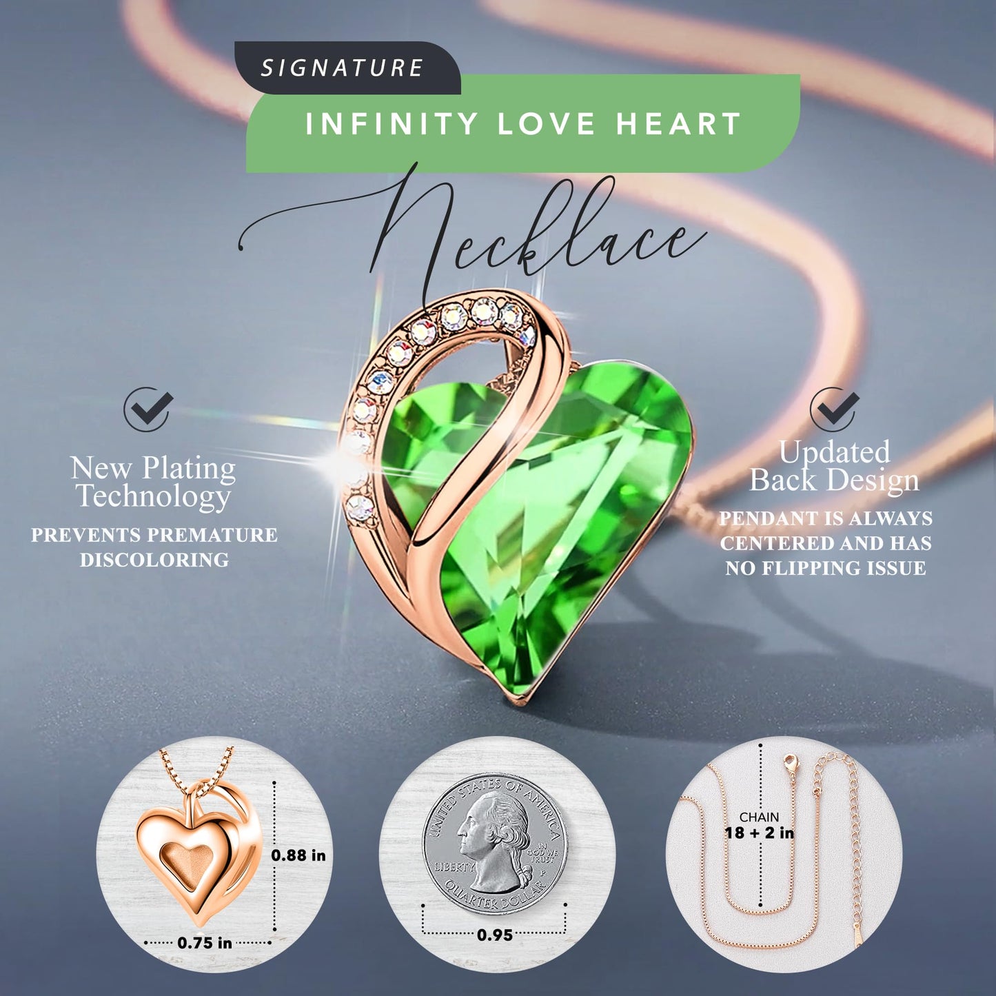 Leafael Gifts for Women Rose Gold Plated Necklaces: Heart Fern Green Crystal, August Birthstone, Hypoallergenic Chain (18"+2"), Birthday Jewelry for Mom, Wife, and Girlfriend