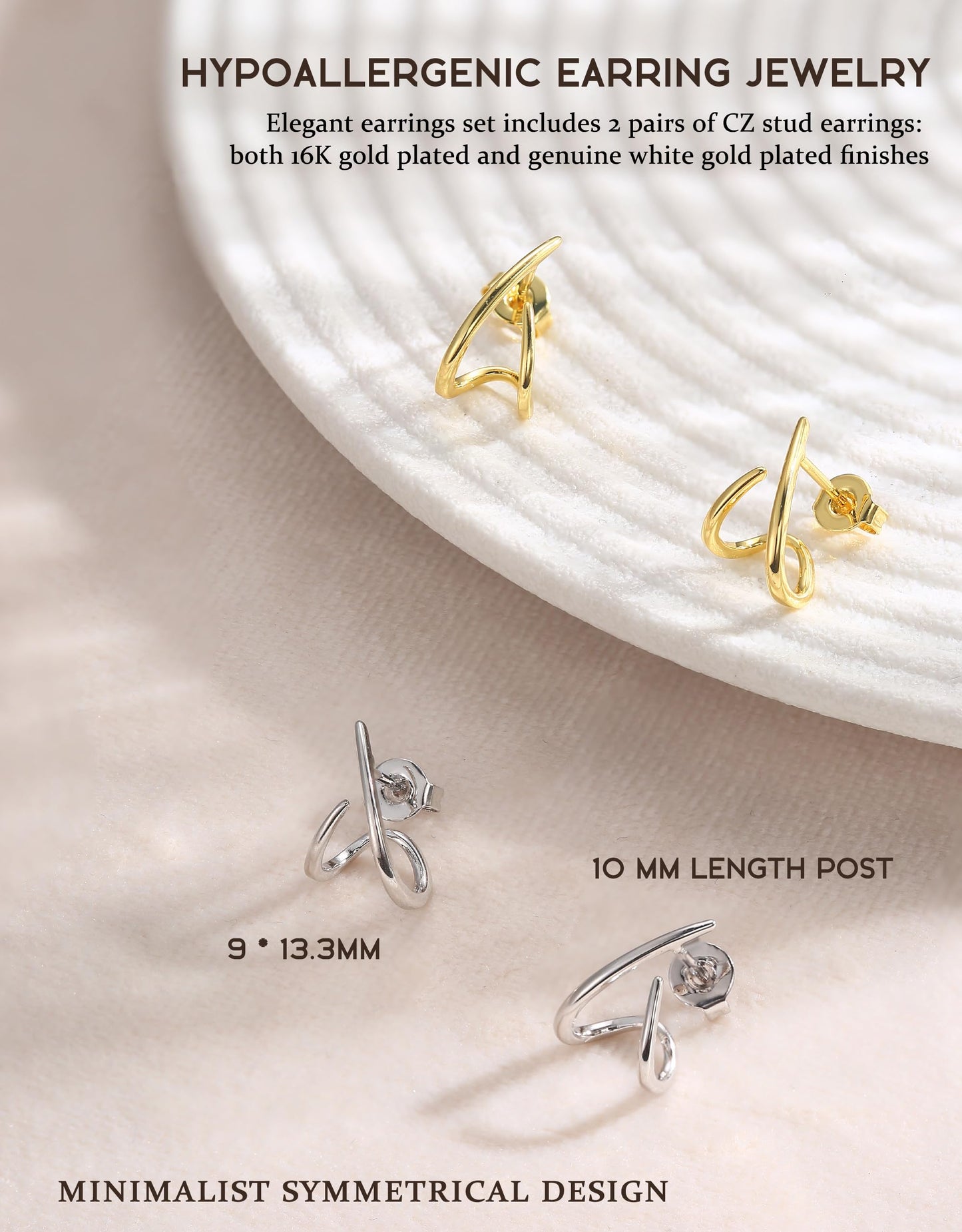 KRFY 2 Pairs Stud Earrings for Women, 16K Plated Silver Gold Earrings for Women Trendy S925 Sterling Silver Post, Dainty Hypoallergenic Earring Jewelry No Tarnish