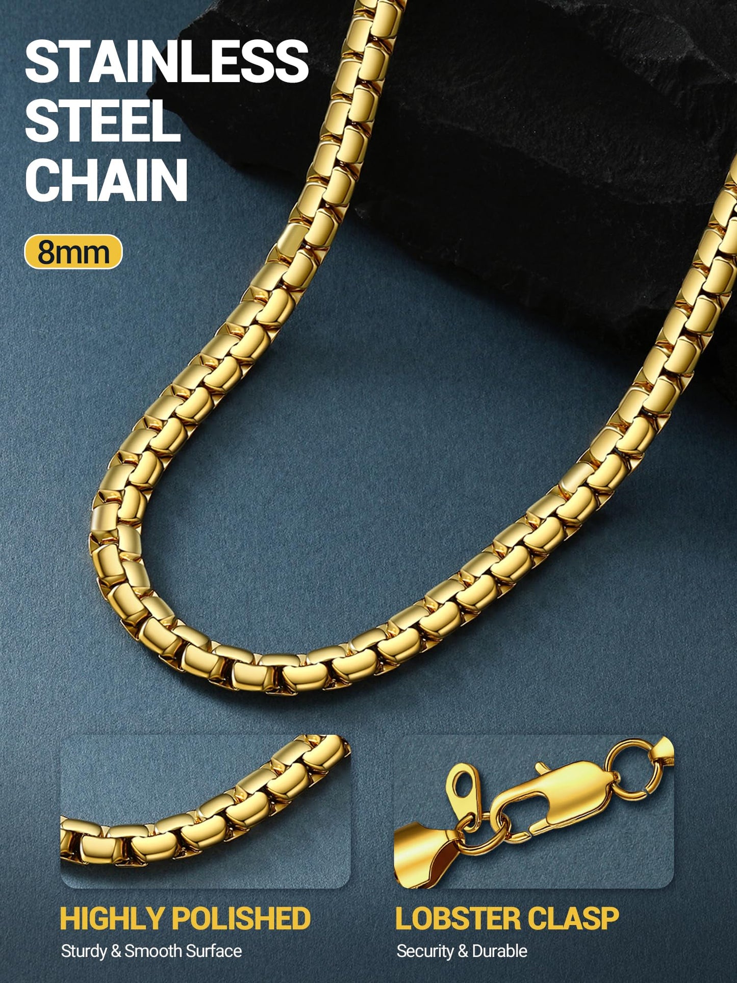 PROSTEEL 14K Gold Chain for Men 8mm Stainless Steel Necklace Waterproof & Tarnish-Resistant Thick Mens Chain