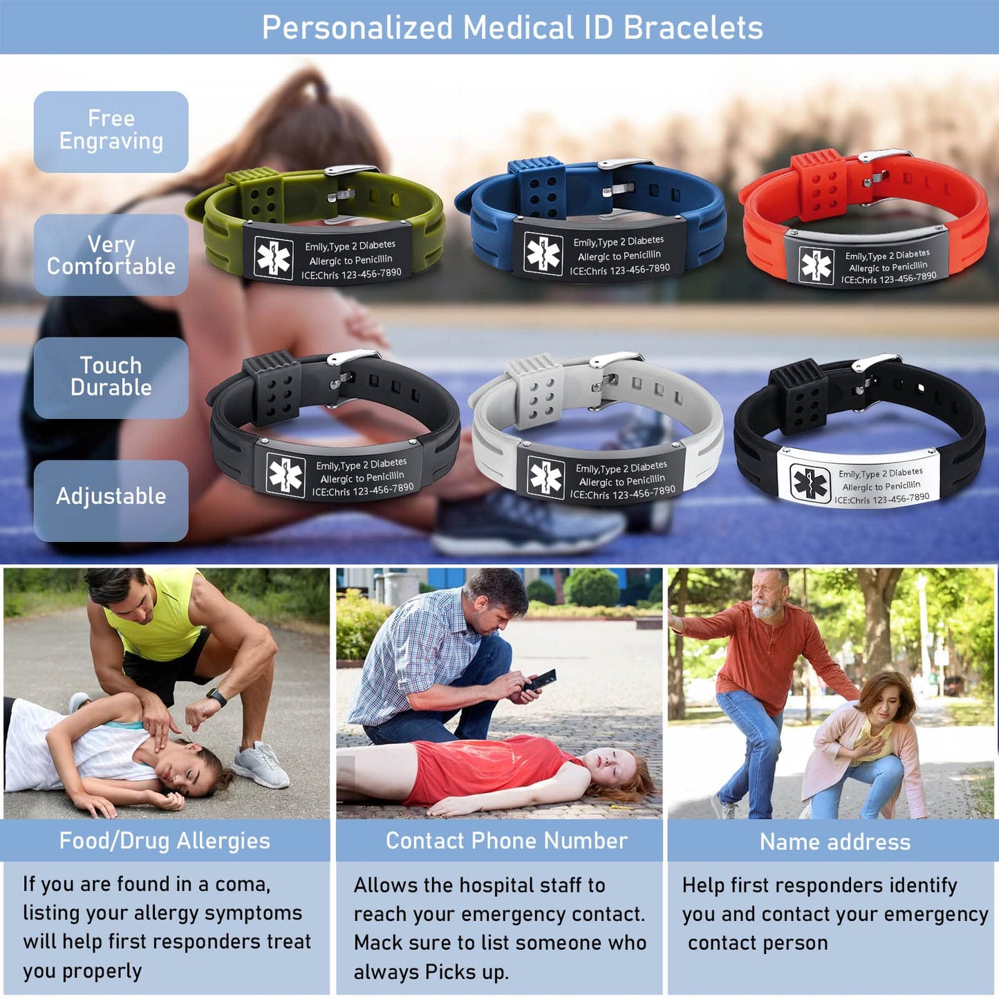 VNOX Customize Emergency Jewelry Medical Alert ID Red Silicone Rubber Stainless Steel Adjustable Bracelet,Unisex