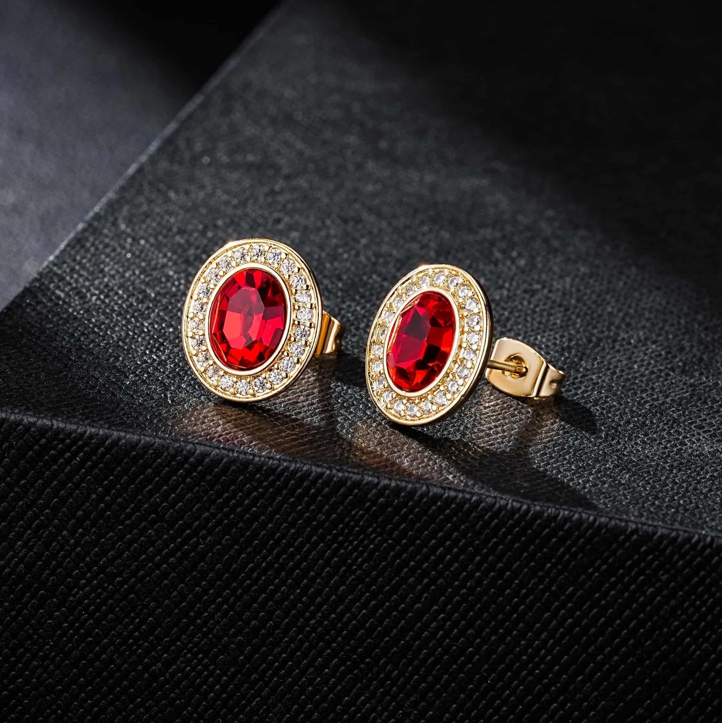EVEVIC Austrian Crystal Halo Oval Stud Earrings for Women Trendy,14k Gold Plated Hypoallergenic Earring Jewelry Gift (Red)