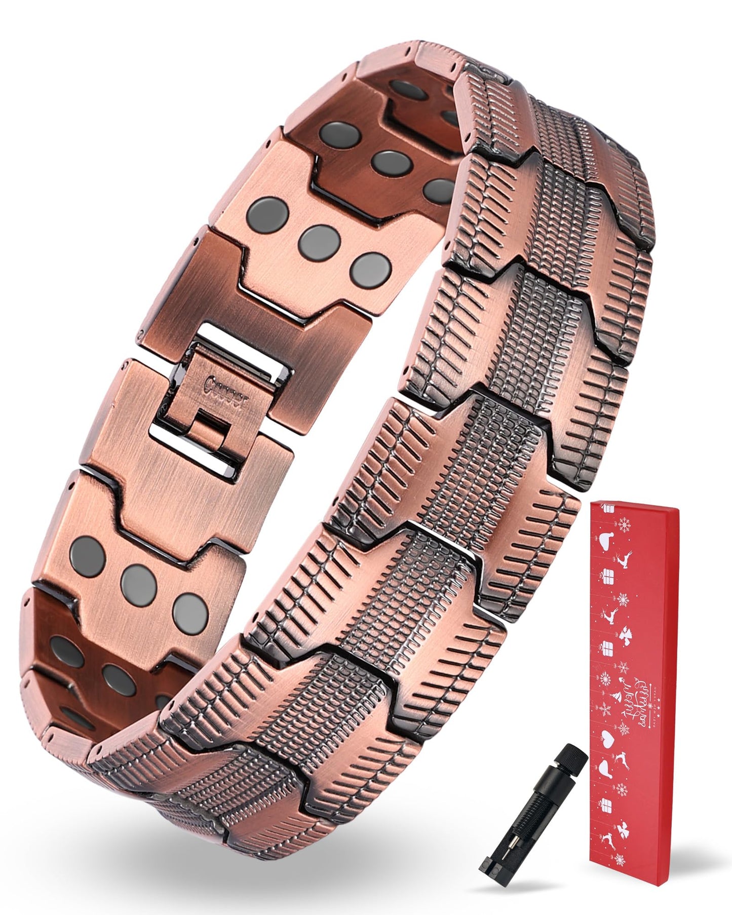 MagEnergy Copper Bracelet for Men, 3-Row Magnet Design, Ultra Strength Magnetic Bracelet 99.99% Pure Copper Wristband Adjustable Jewelry Gift with Sizing Tool(Copper Tire Graphics-Xmas)