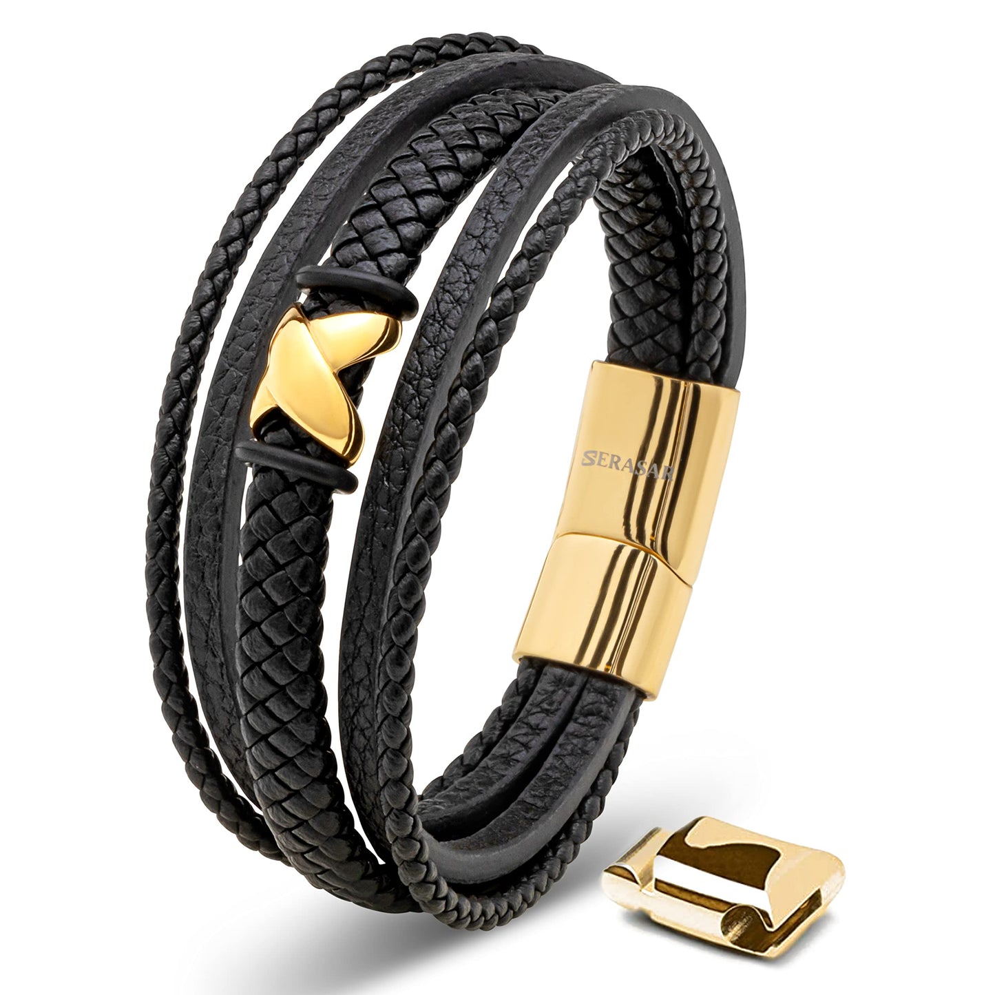 SERASAR Mens Bracelets 20cm Gold Gift Box Genuine Leather Cowhide Braided Adjust Able Magnetic Clasp Multi Layer Wrap Jewellery Rope Man Mans Male Band Jewelry Accessories