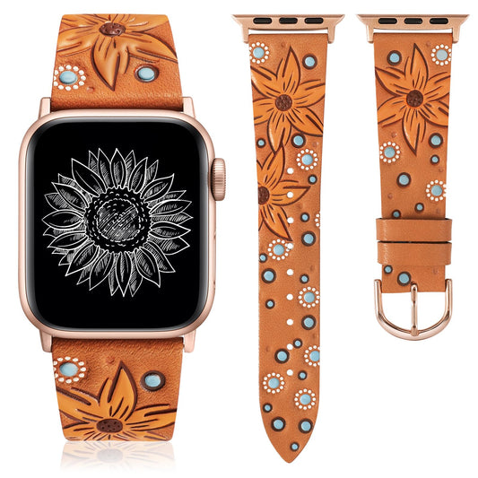 Minyee Leather Band Compatible with Apple Watch Band 41/40/38/44/45/46/49/42mm Women, Boho Western Embossed Sunflower Floral Designer Leather Strap for iWatch Series 11 10 9 8 7 6 5 4 SE/Ultra 3 2 1