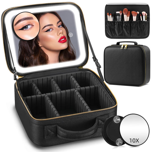 Jadazror Makeup Bag with Mirror and Light 3 Colors, Travel Make up Bag with Mirror Portable Lighted Makeup Case Organizer Cosmetic Case with 2-Layers Adjustable Dividers & 10X Magnifying Mirror(Black)