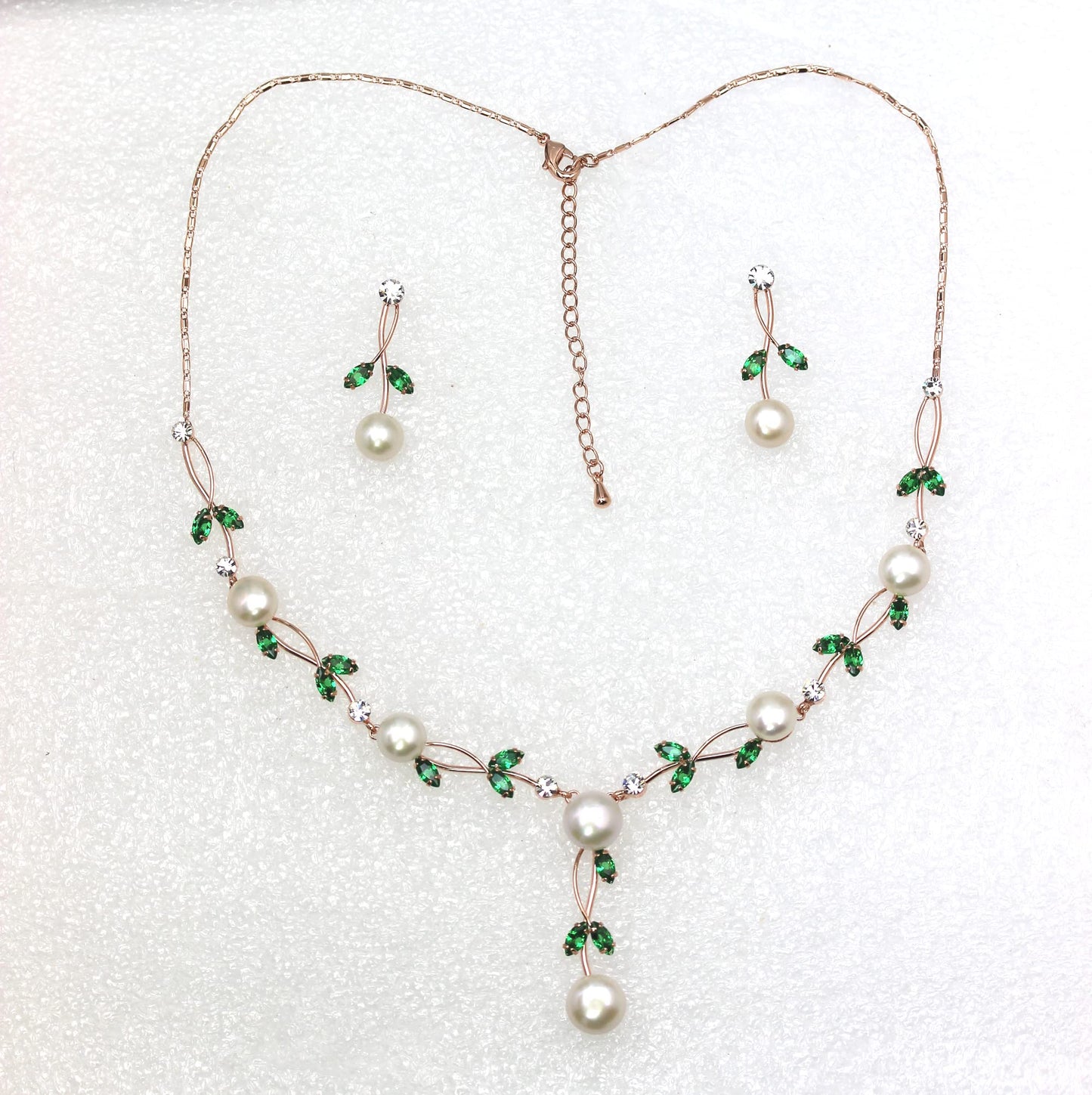Faship Gorgeous Green CZ Crystal Genuine Freshwater Pearls Floral Necklace Earrings Set - Green/Rose Gold Plated