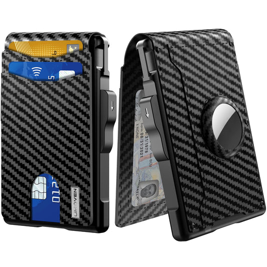 umoven AirTag Wallet for Men - with Pop Up Aluminum Case Money Clip Slim Leather Slots Credit Card Holder RFID Blocking Bifold Minimalist Wallet with Gift Box (Carbon Fiber)