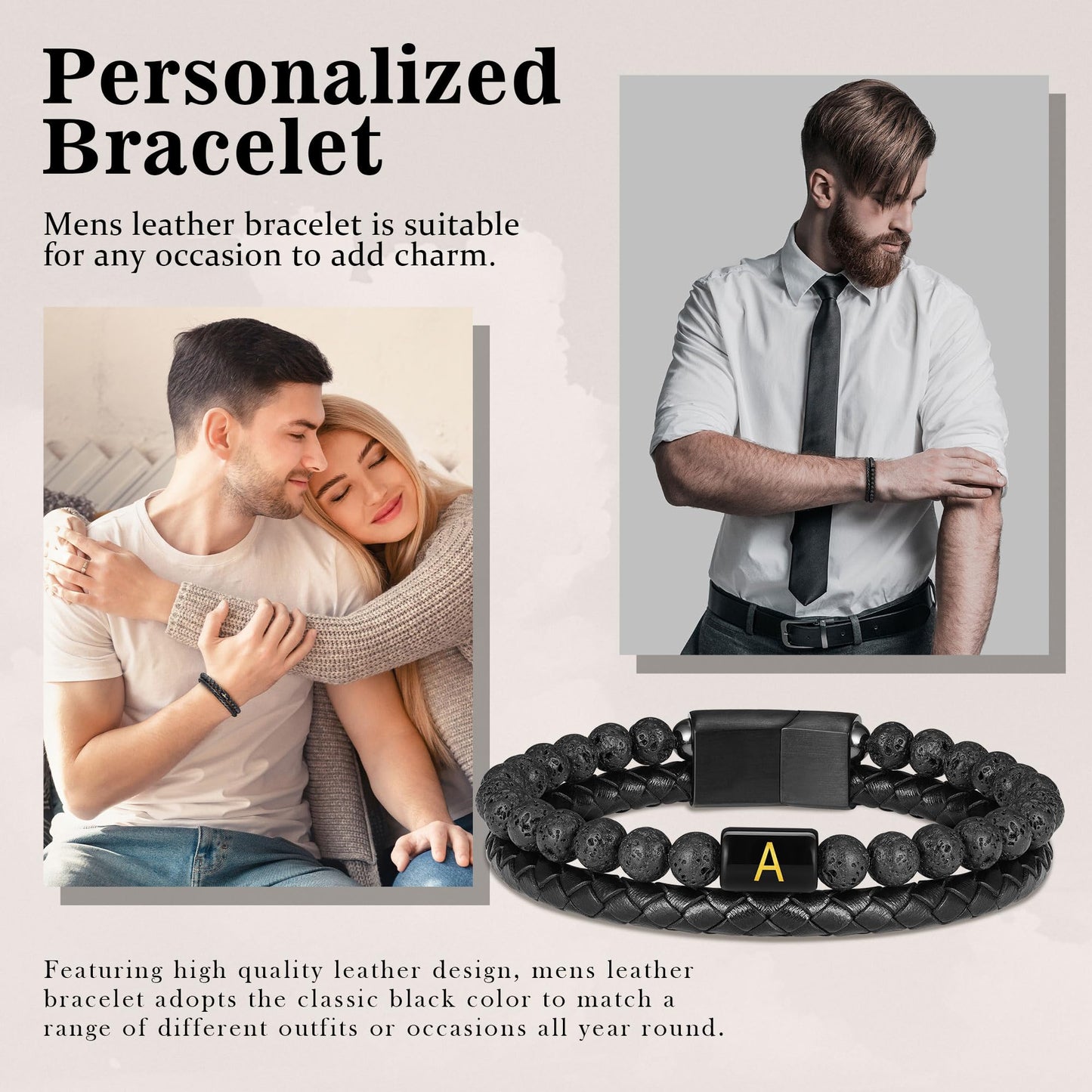 Bracelets for Men - Men Gifts Lava Rock Bead Magnetic Clasp Black Mens Leather Bracelet with Initial Black Mens Leather Bracelets Initial Y Bracelet for Men's Jewelry Men's Gifts for Dad Husband Him